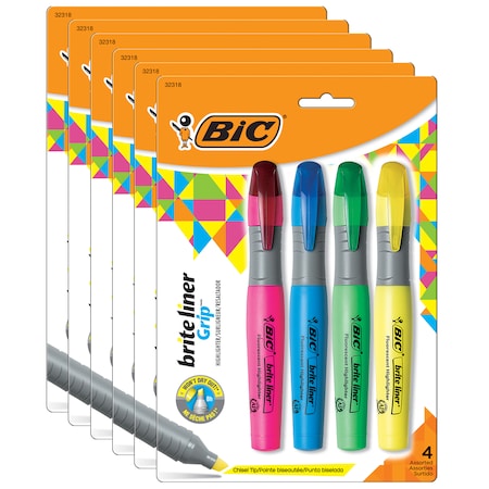 Bic Brite Liner Grip Tank Highlighter, Chisel Tip, 4 Colors, PK24 BLMGP41ASST